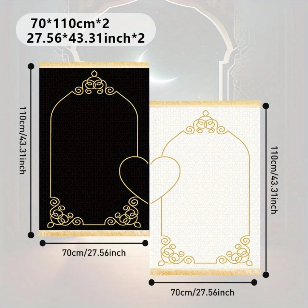 VIKAMA Muslim Prayer Mat Washable Travel Prayer Rug – Black White Heart Islamic Design Foldable Portable for Mosque Office Home