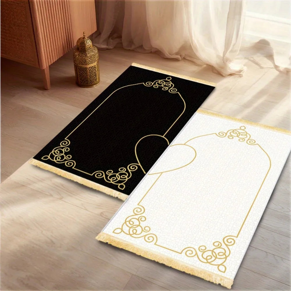 VIKAMA Muslim Prayer Mat Washable Travel Prayer Rug – Black White Heart Islamic Design Foldable Portable for Mosque Office Home