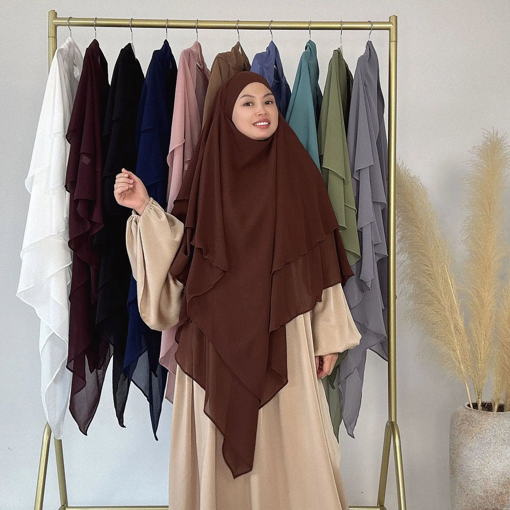 3 Layers Chiffon Long Khimar for Women Muslim Hijab Prayer Eid 2025 Hijabs Headscarf Shawl Veil Long Three-Layer Djellaba Niqab