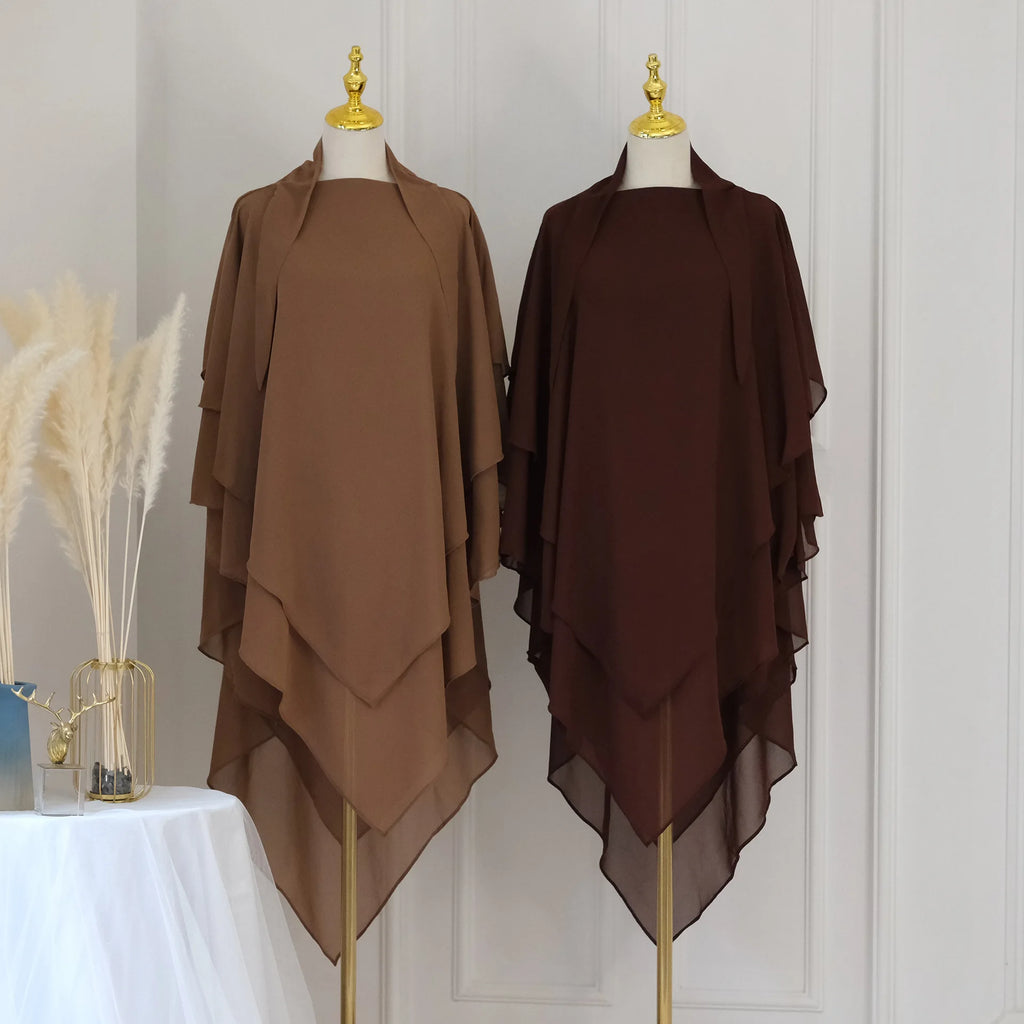 3 Layers Chiffon Long Khimar for Women Muslim Hijab Prayer Eid 2025 Hijabs Headscarf Shawl Veil Long Three-Layer Djellaba Niqab