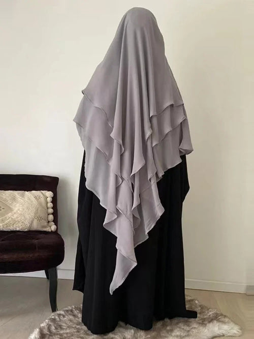 3 Lagen Chiffon Langer Khimar für Frauen Muslimischer Hijab Gebet Eid 2025 Hijabs Kopftuch Schal Schleier Langer dreilagiger Djellaba Niqab
