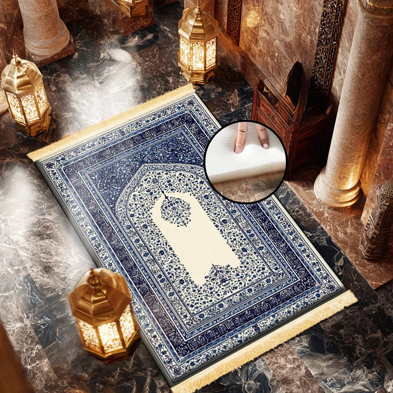 VIKAMA Blue Floral Muslim Prayer Mat - Soft And Slip-Resistant Islamic Worship Rug - Portable Pilgrimage Rug - Home Decor