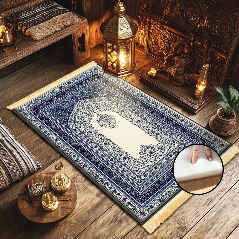 VIKAMA Blue Floral Muslim Prayer Mat - Soft And Slip-Resistant Islamic Worship Rug - Portable Pilgrimage Rug - Home Decor