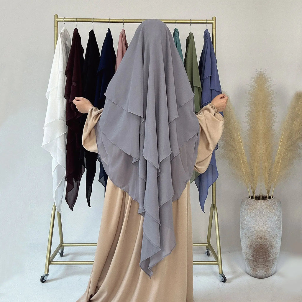3 Layers Chiffon Long Khimar for Women Muslim Hijab Prayer Eid 2025 Hijabs Headscarf Shawl Veil Long Three-Layer Djellaba Niqab