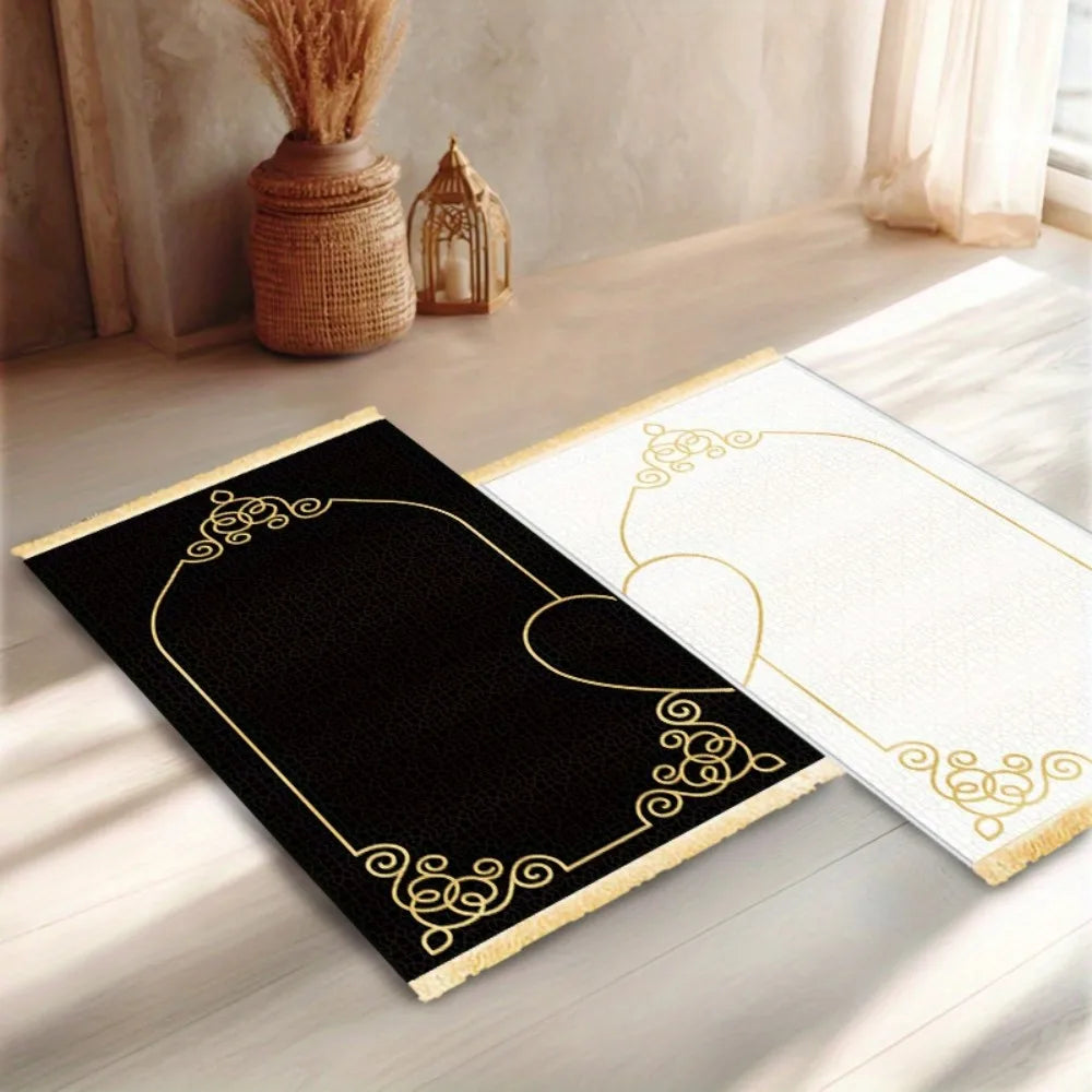 VIKAMA Muslim Prayer Mat Washable Travel Prayer Rug – Black White Heart Islamic Design Foldable Portable for Mosque Office Home