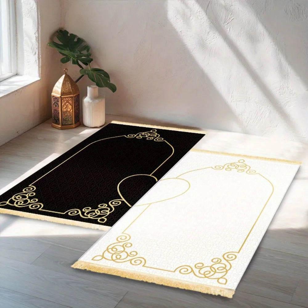VIKAMA Muslim Prayer Mat Washable Travel Prayer Rug – Black White Heart Islamic Design Foldable Portable for Mosque Office Home