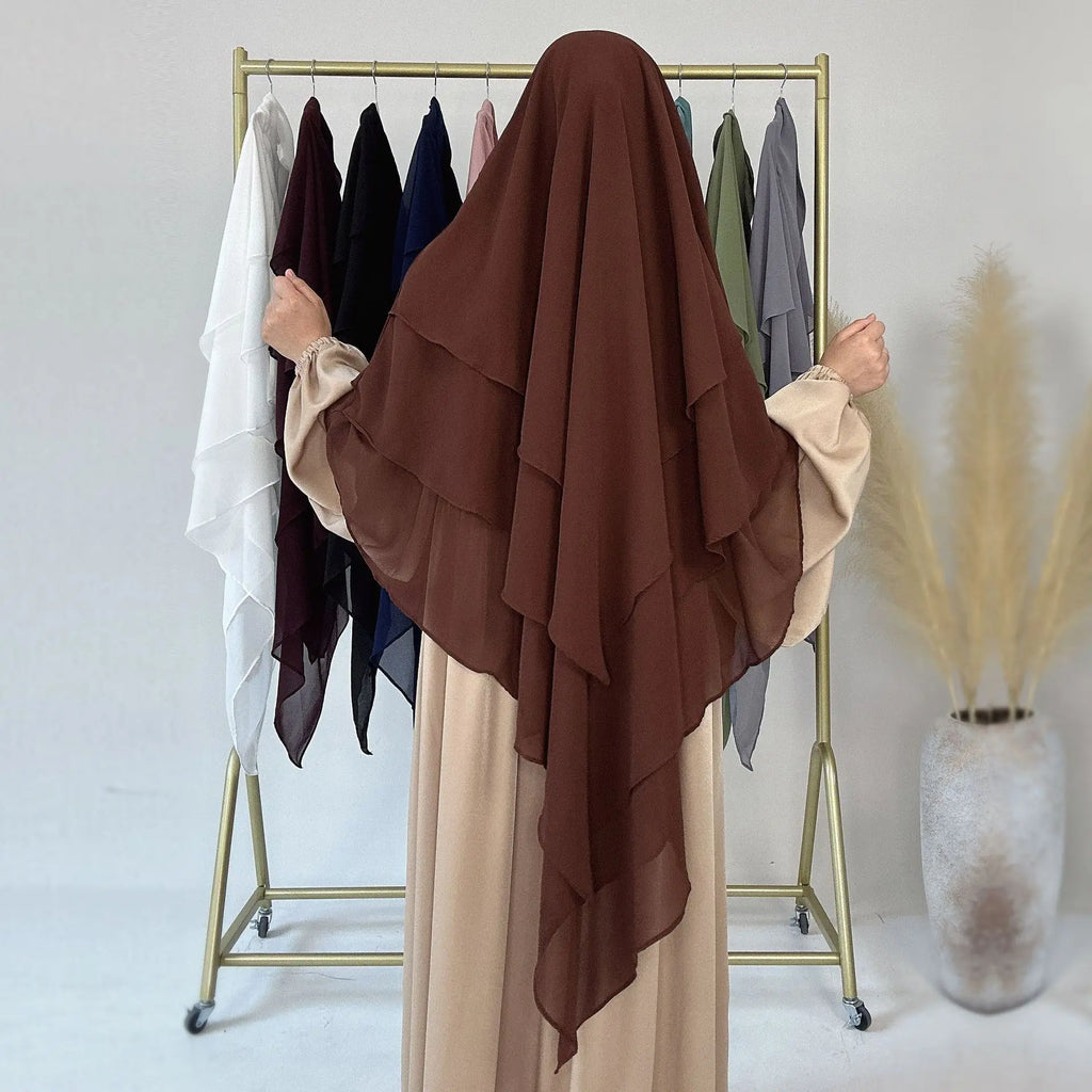3 Layers Chiffon Long Khimar for Women Muslim Hijab Prayer Eid 2025 Hijabs Headscarf Shawl Veil Long Three-Layer Djellaba Niqab