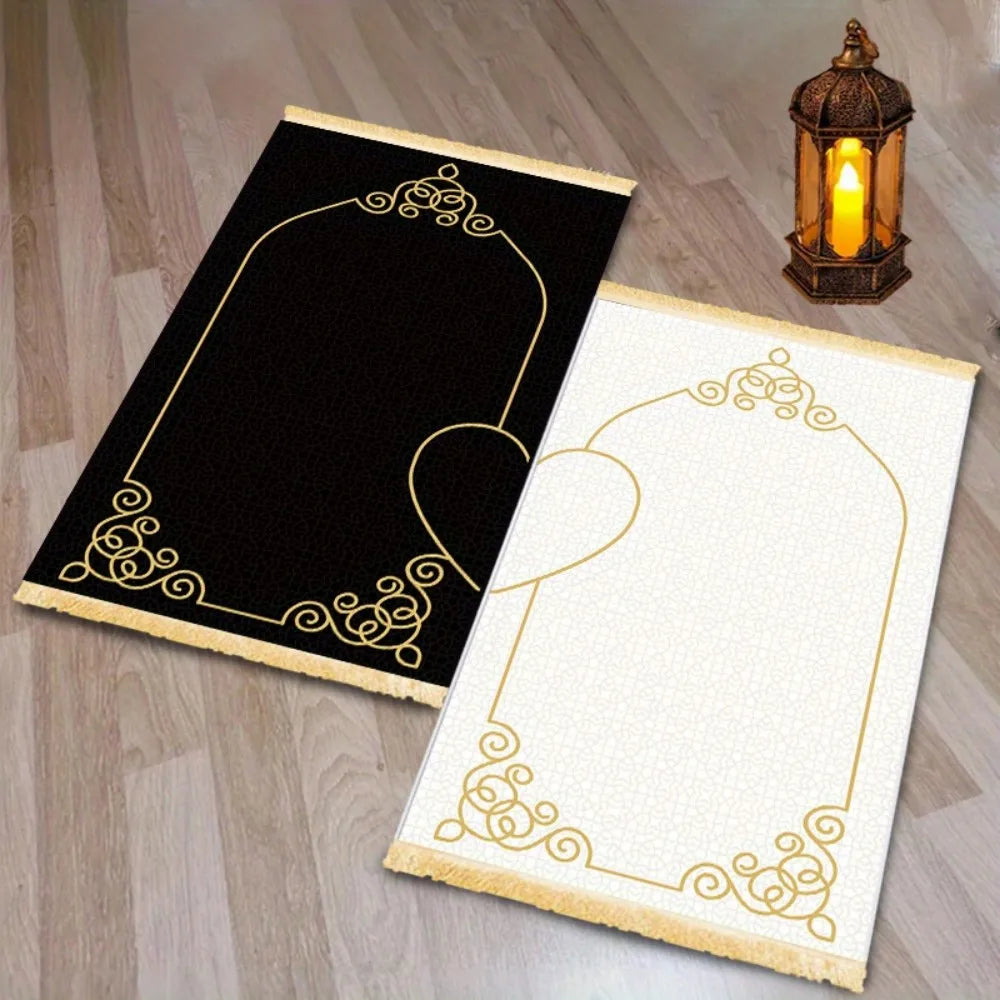 VIKAMA Muslim Prayer Mat Washable Travel Prayer Rug – Black White Heart Islamic Design Foldable Portable for Mosque Office Home