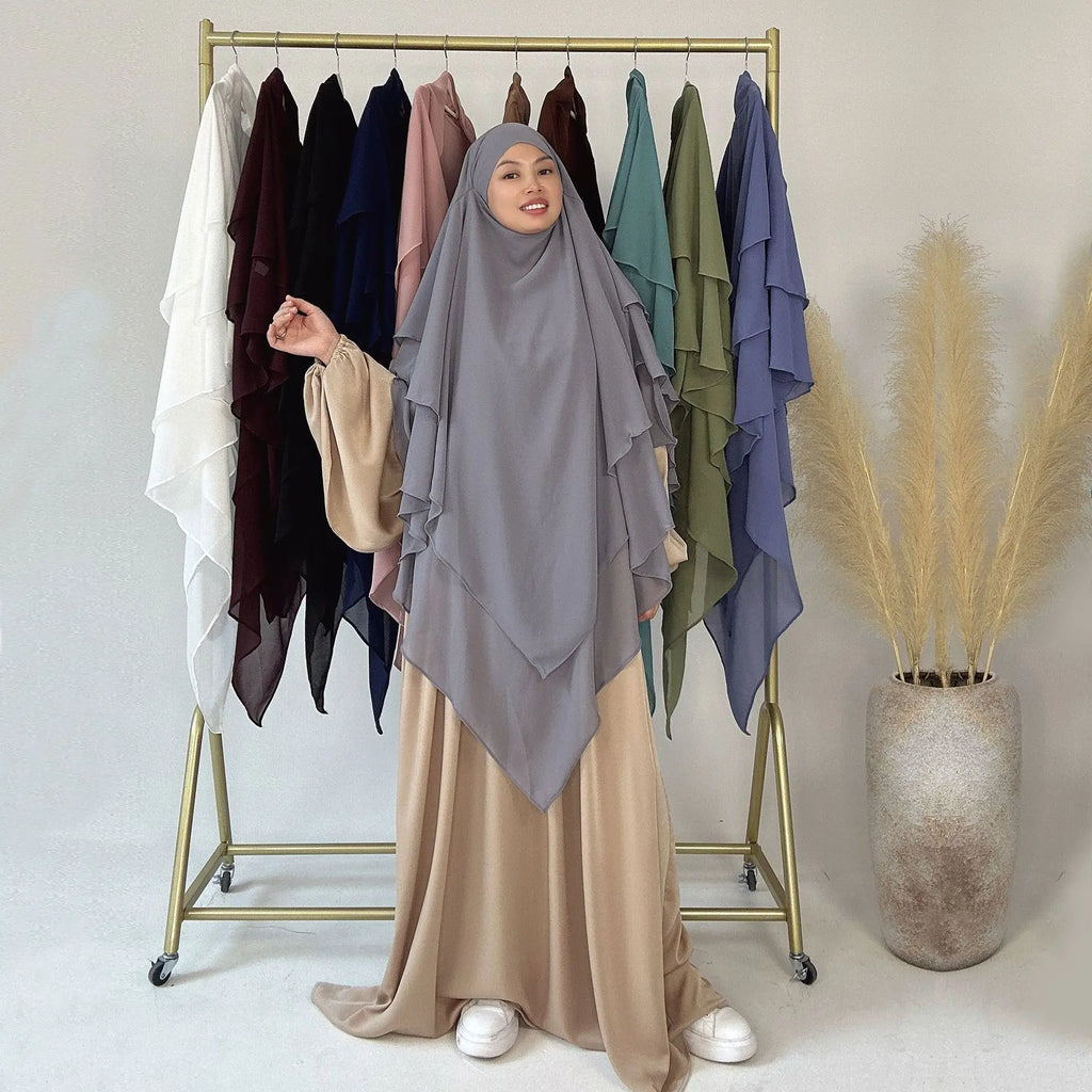 3 Layers Chiffon Long Khimar for Women Muslim Hijab Prayer Eid 2025 Hijabs Headscarf Shawl Veil Long Three-Layer Djellaba Niqab