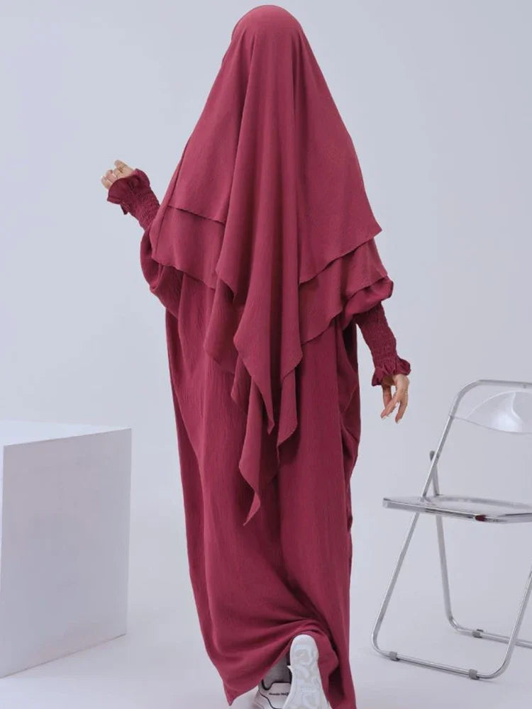 Muslim Women Abaya Long Khimar Dress 2 Piece Set