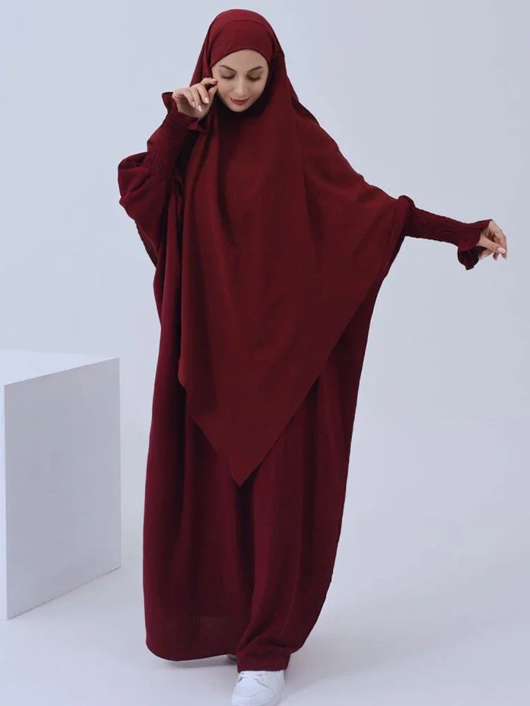 Muslim Women Abaya Long Khimar Dress 2 Piece Set
