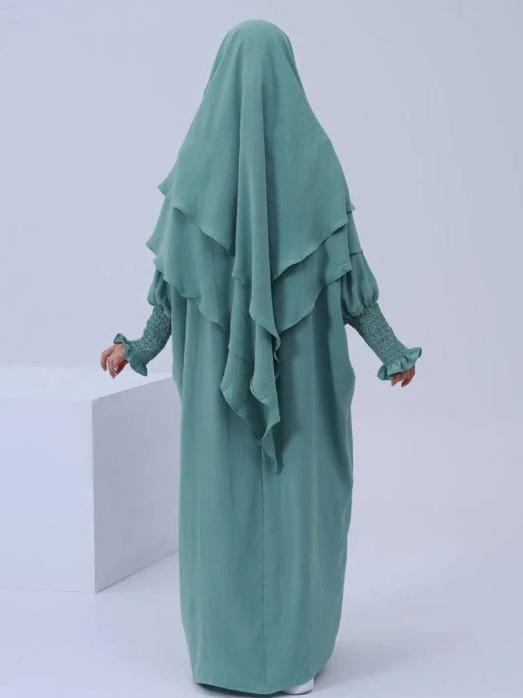 Muslim Women Abaya Long Khimar Dress 2 Piece Set